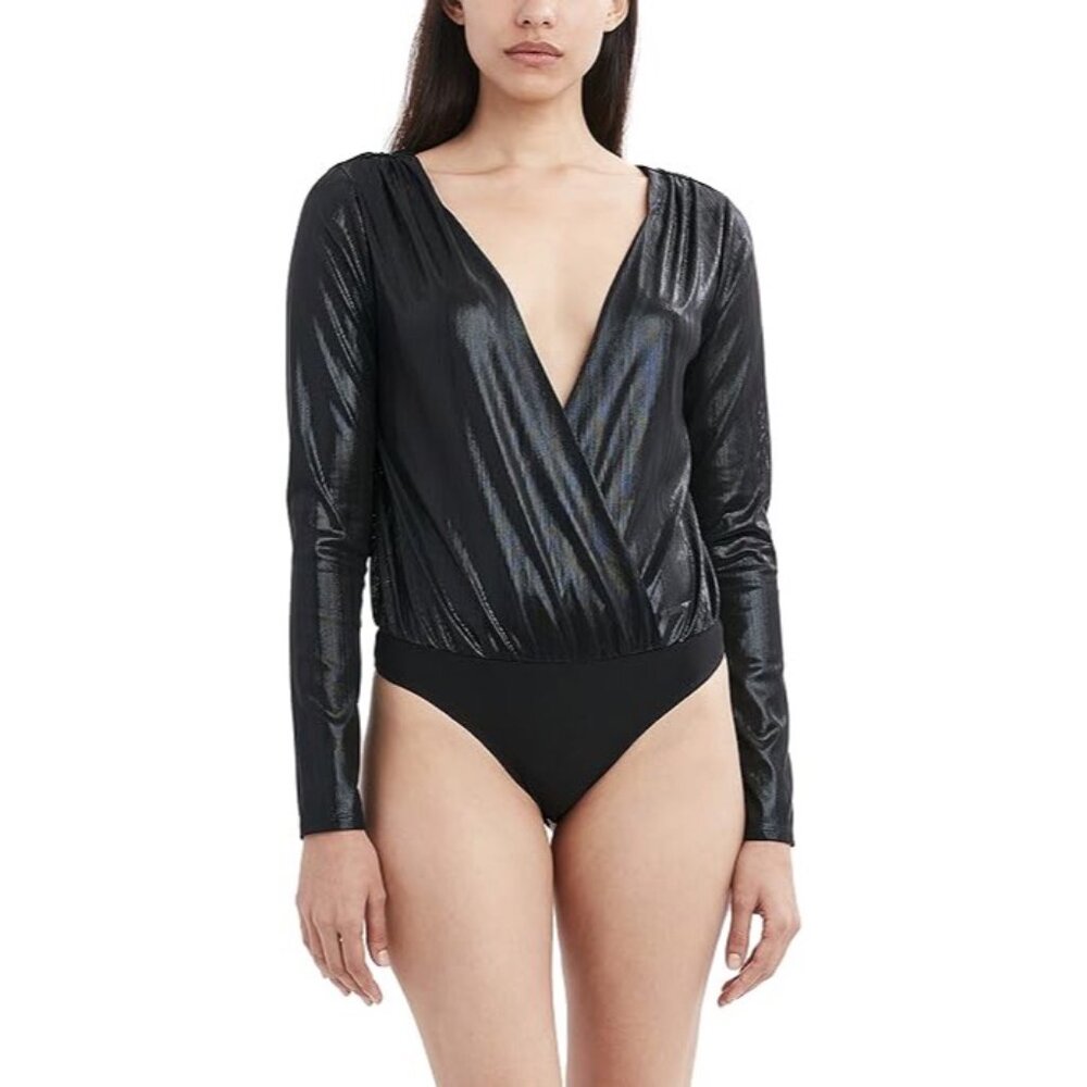 BCBGeneration‎ Black Metallic Sheen Surplice Bodysuit Size XS
